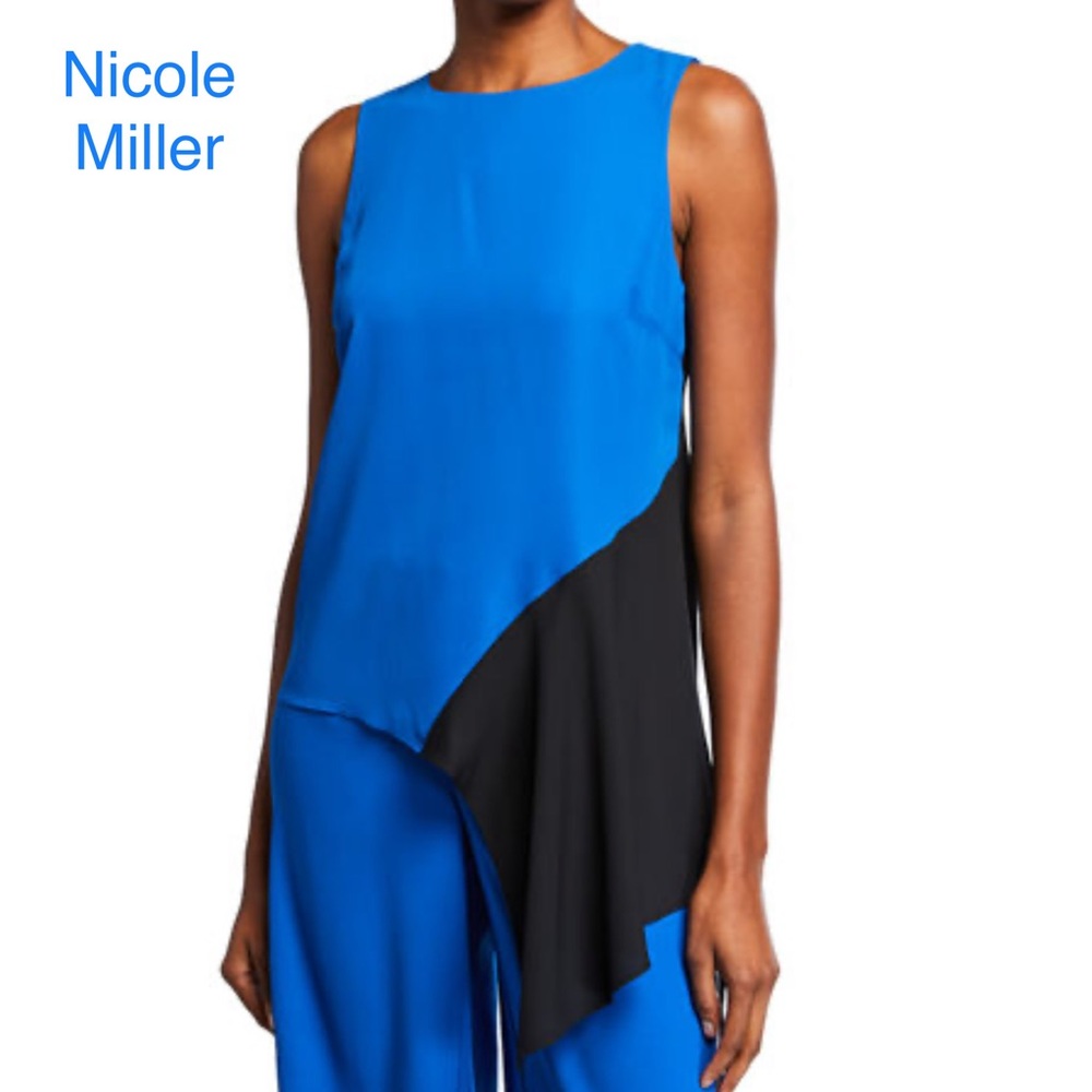 Sleeveless Black/Blue Asymmetric Satin Top